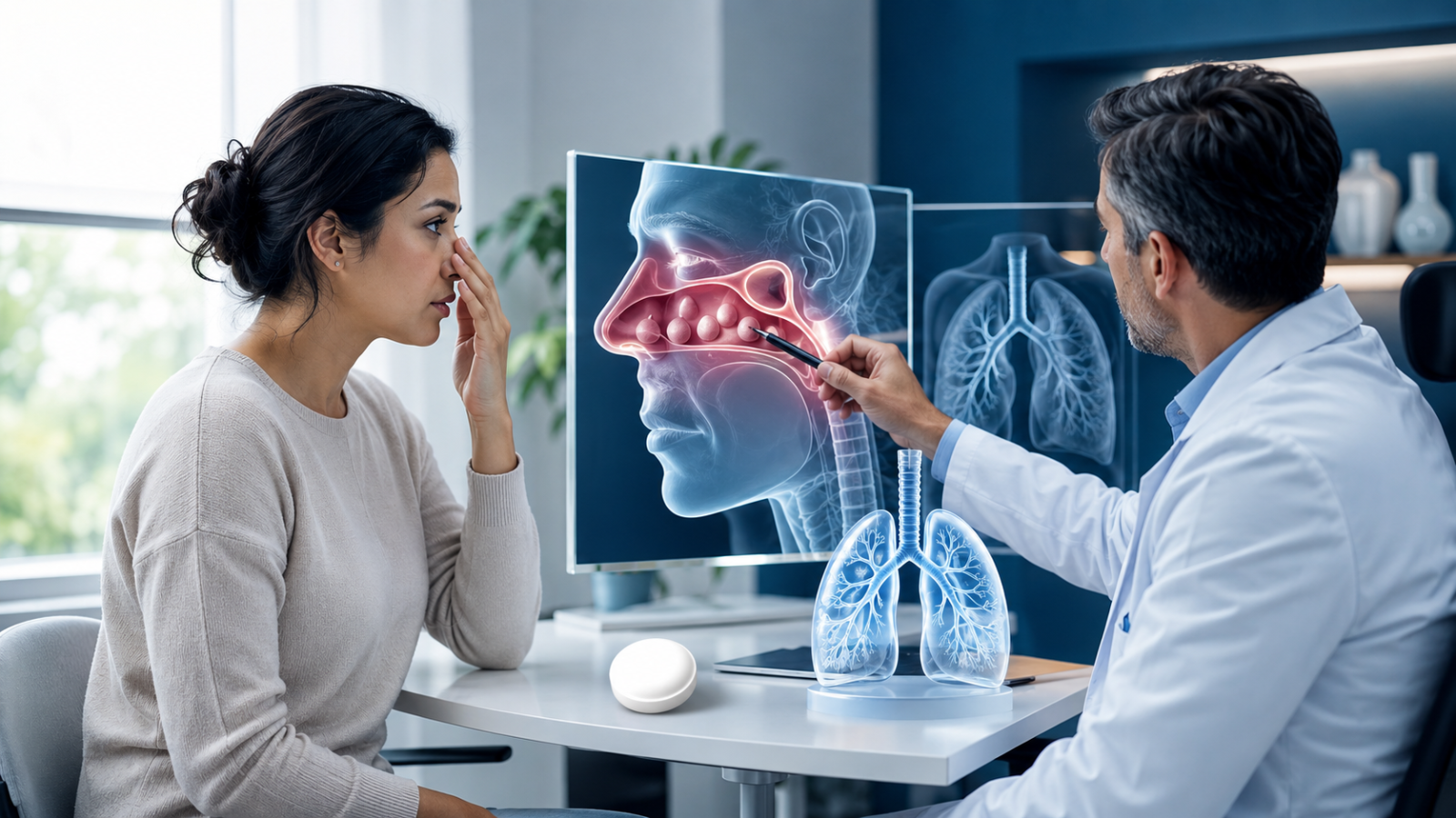 doctor examining patient with nasal polyp visualization