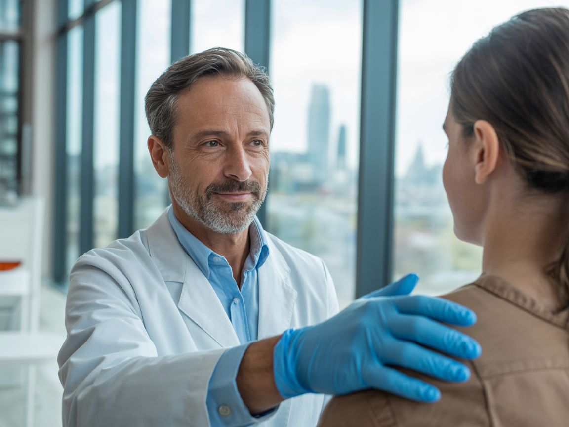 a doctor reassuring a woman with leukoplakia