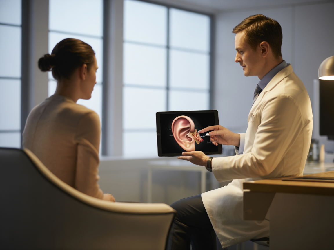 a doctor explaining about Lobuloplasty earlobe repair