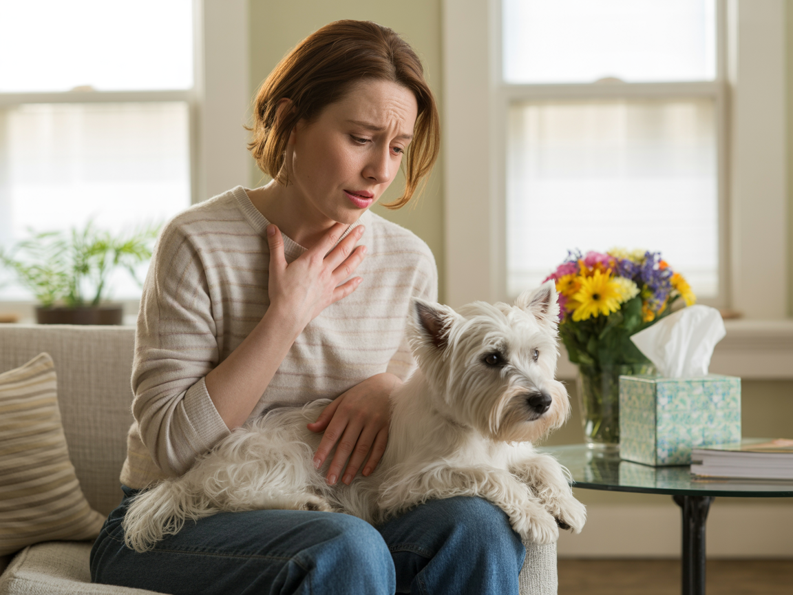 woman sitting with a dog and flowers