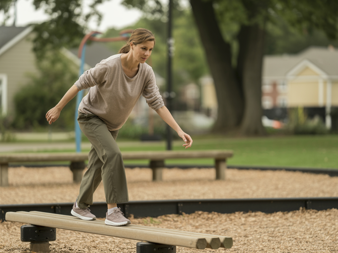 woman in playground balancing on a beam