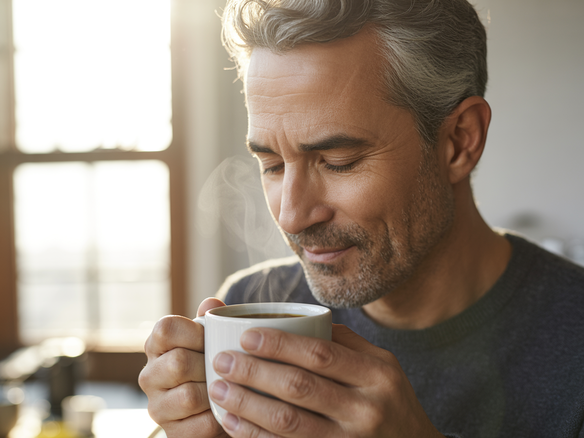 covid smell breakthrough, man smelling coffee