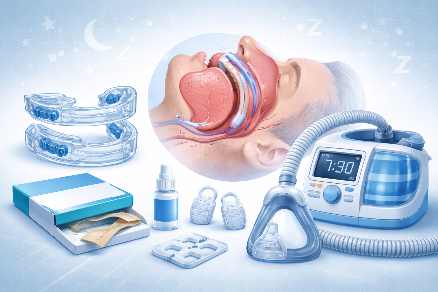 Illustration showing common anti snoring devices used to treat sleep apnoea