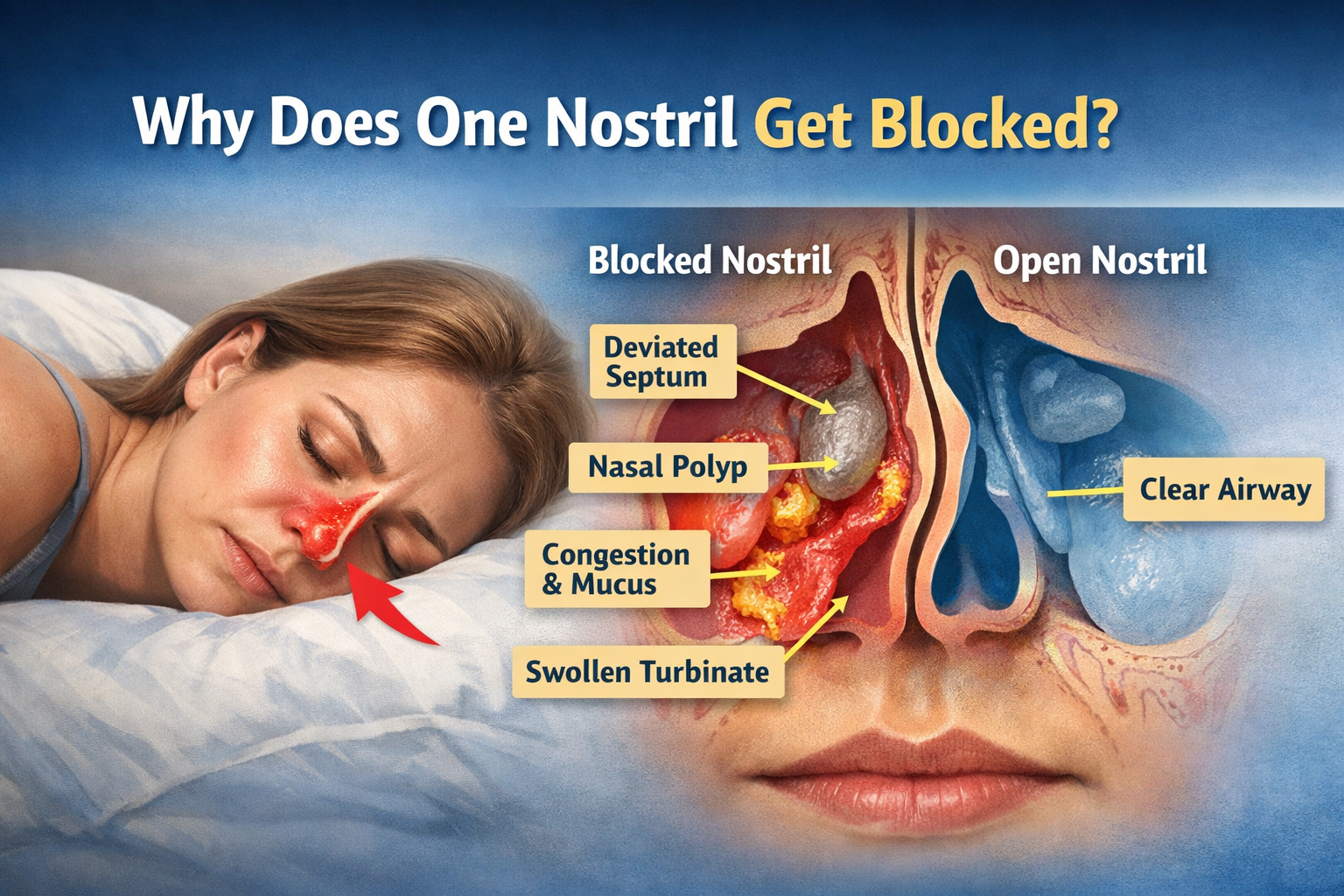 Medical illustration showing a woman lying on her side with one blocked nostril due to nasal polyp, deviated septum, and swollen turbinate, contrasted with a clear open nostril on the opposite side.