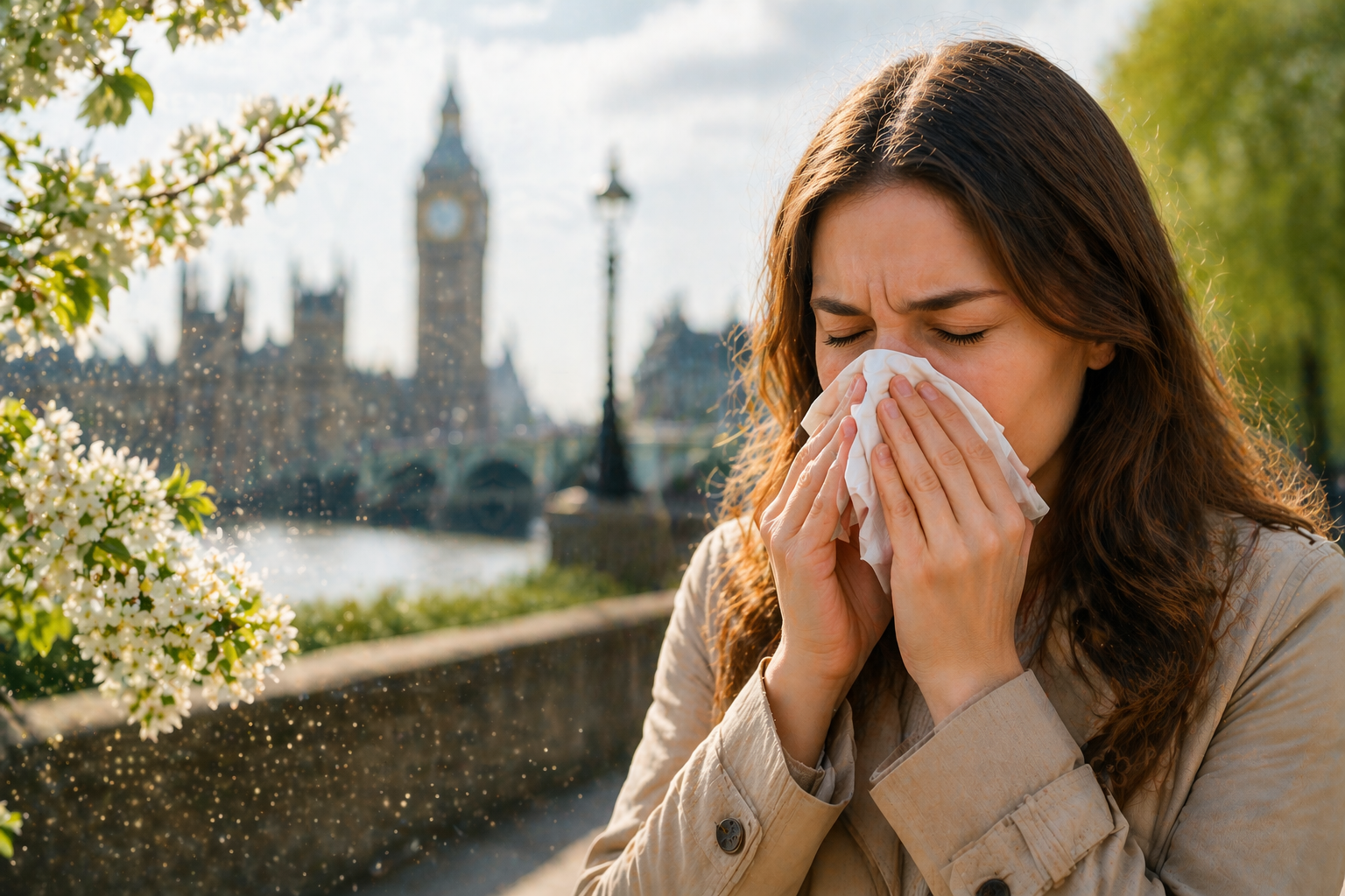 Woman sneezing into a tissue near Westminster, London, with spring pollen floating in the air.