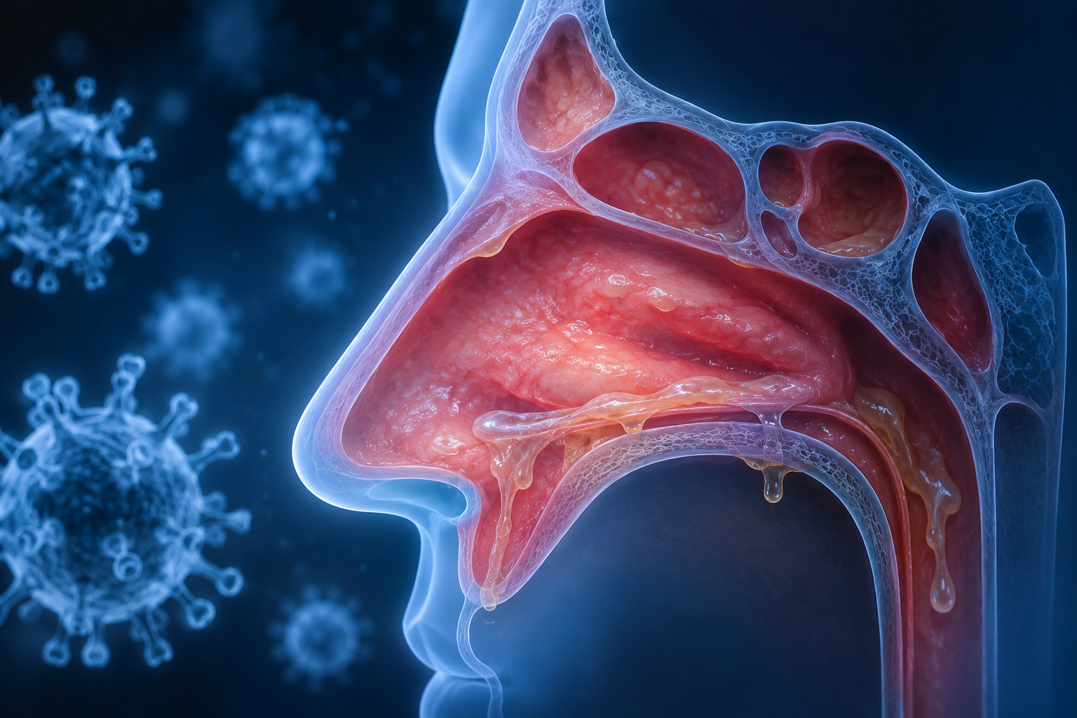 Detailed medical illustration of inflamed nasal and sinus cavities showing mucus buildup and virus particles.