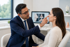 Consultant ENT surgeon carrying out a nose surgery assessment in a private Essex clinic setting