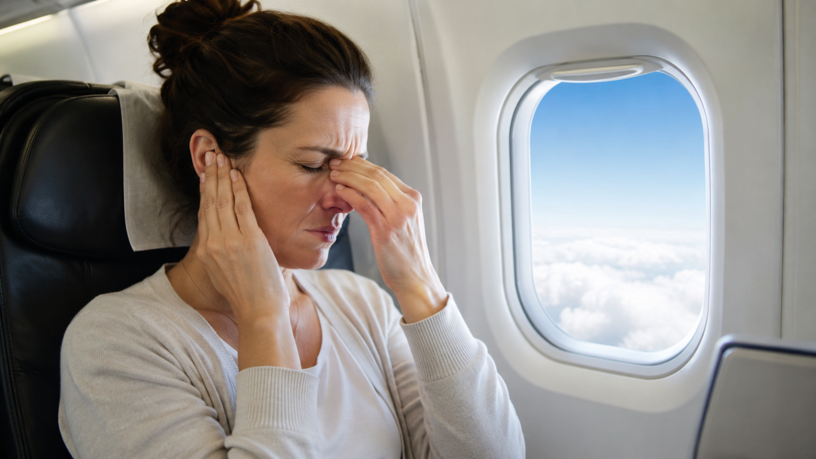 Woman on a plane holding her ear and nose due to sinus pressure during a flight.