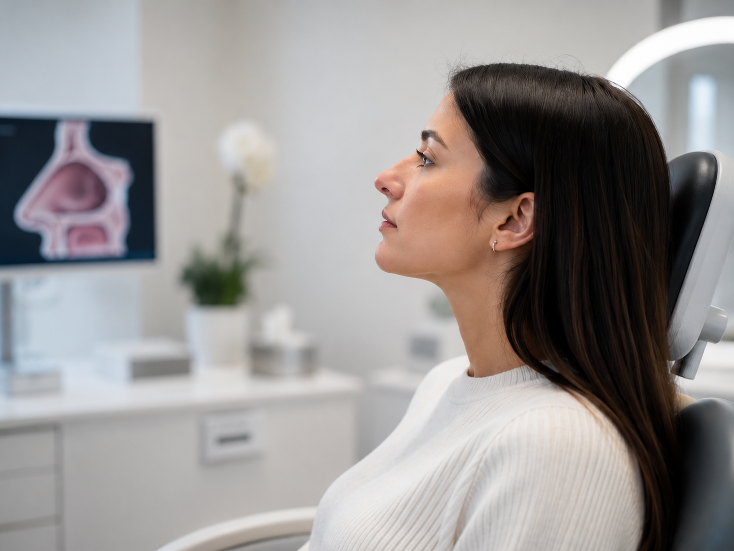 Patient in a private ENT clinic for a rhinoplasty breathing assessment