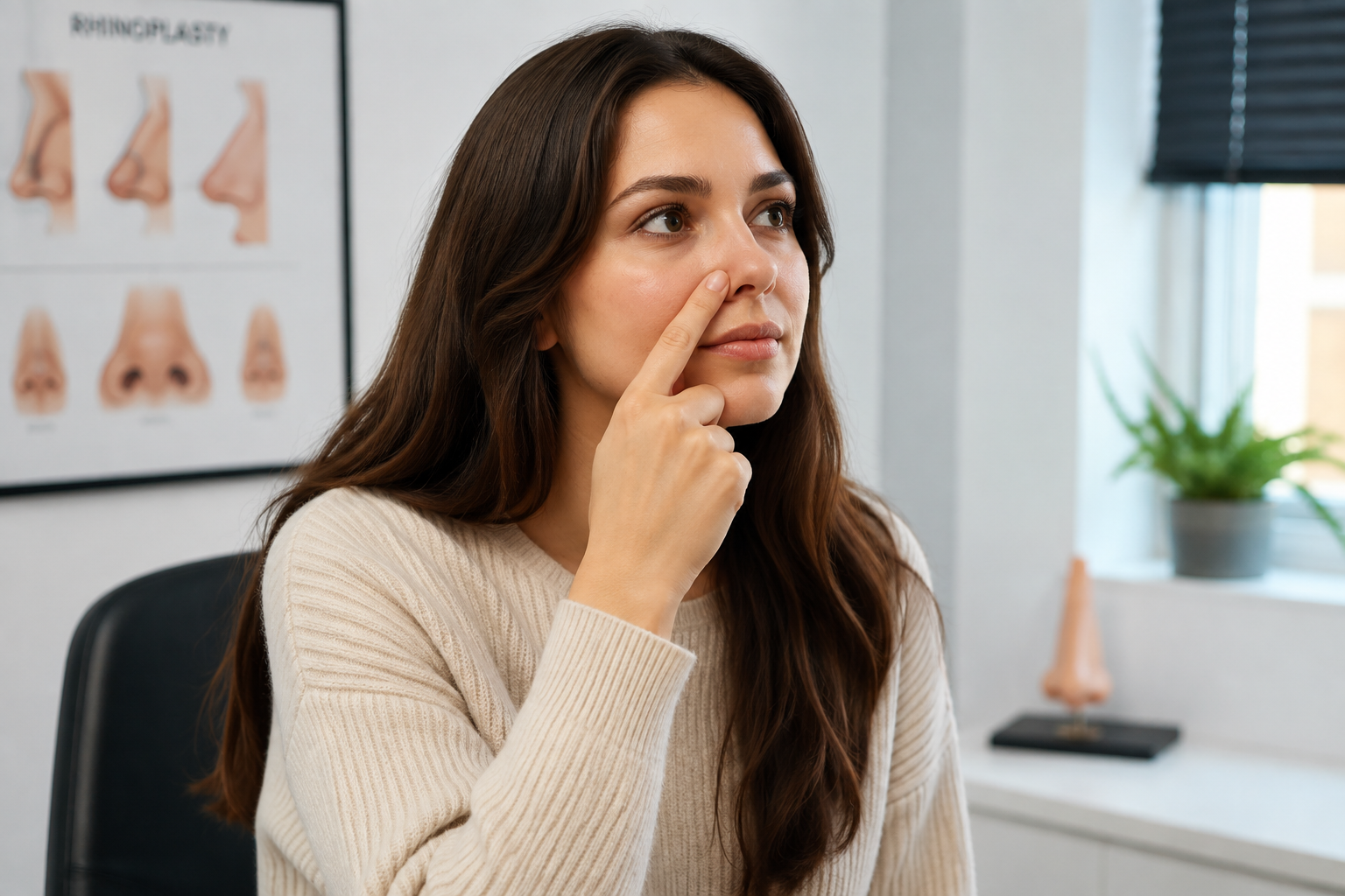 Patient considering rhinoplasty to improve nasal breathing in a private ENT clinic setting