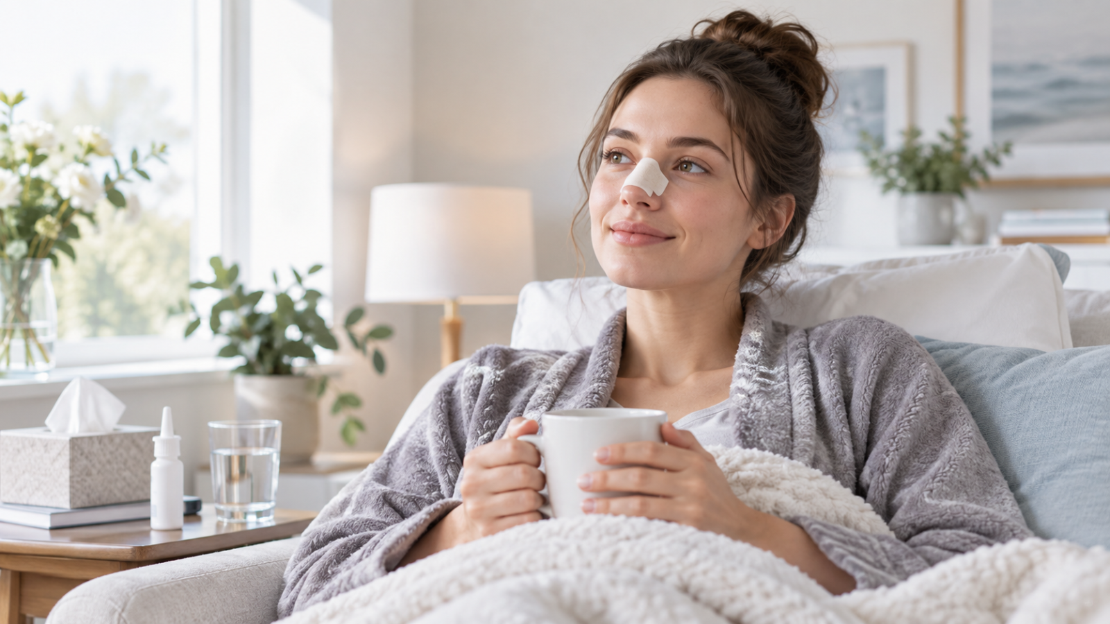 Patient recovering at home after septoplasty surgery with nasal dressing and aftercare items nearby